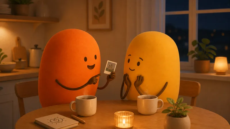One soft figure telling a small story while the other turns fully toward them, tea steaming