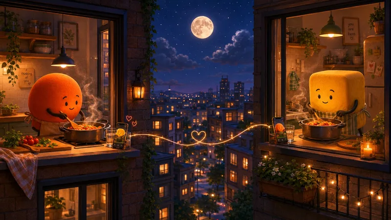 Two soft figures in different kitchens cooking the same meal, phones propped, one moon above both