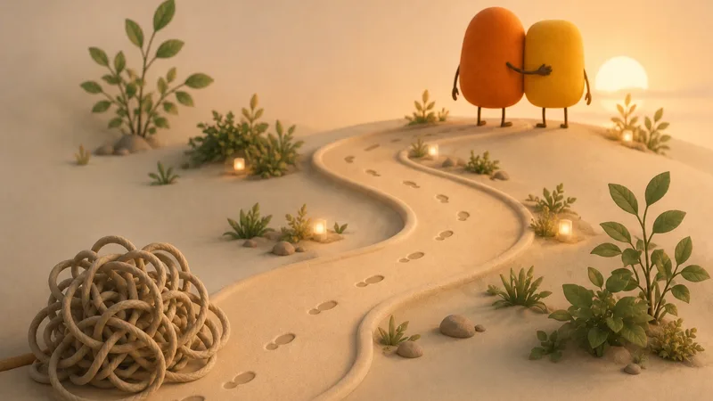 A small path from a tangled knot to two steady figures, illustrating earned security