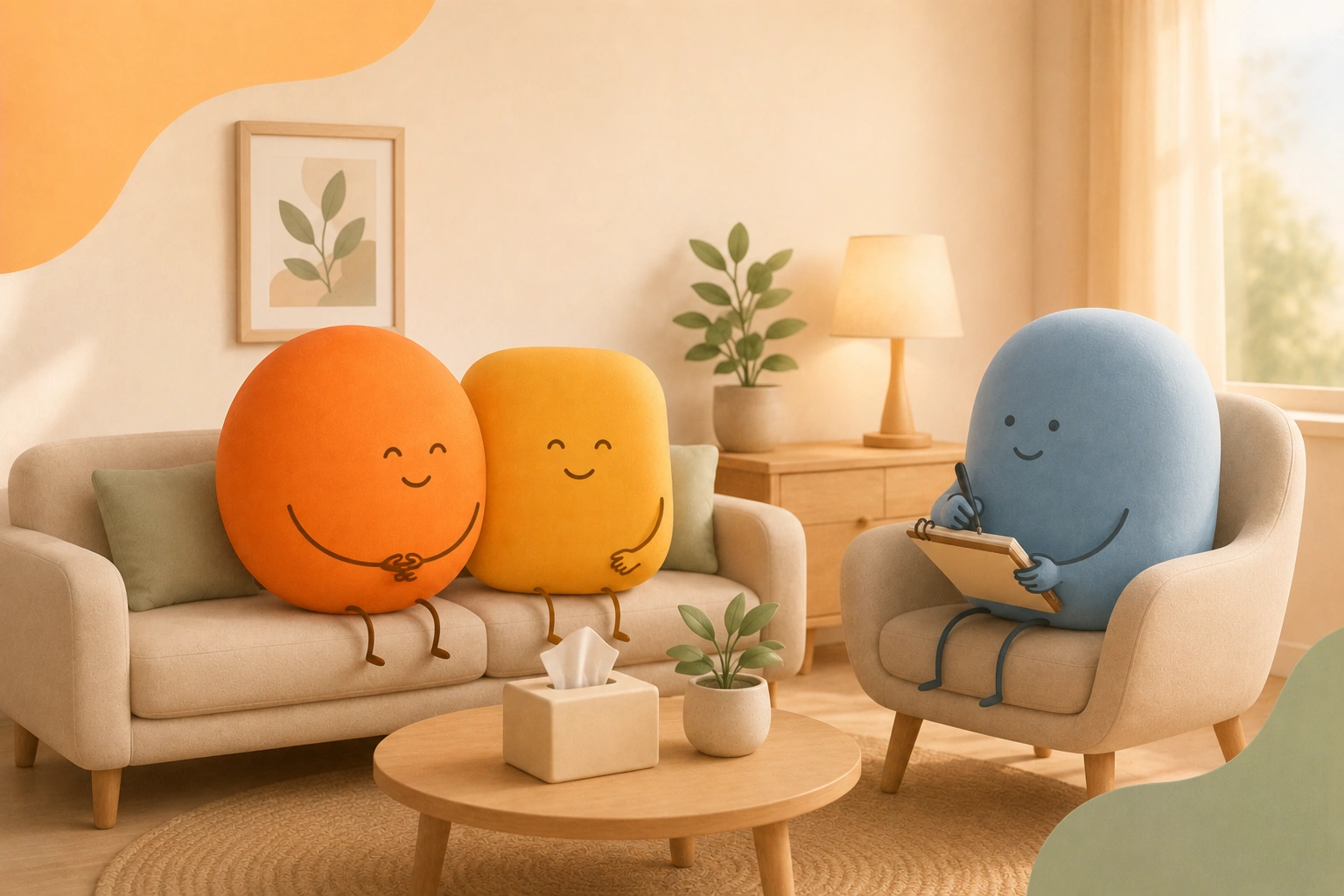 Two soft figures and a therapist in a calm room, illustrating couples therapy